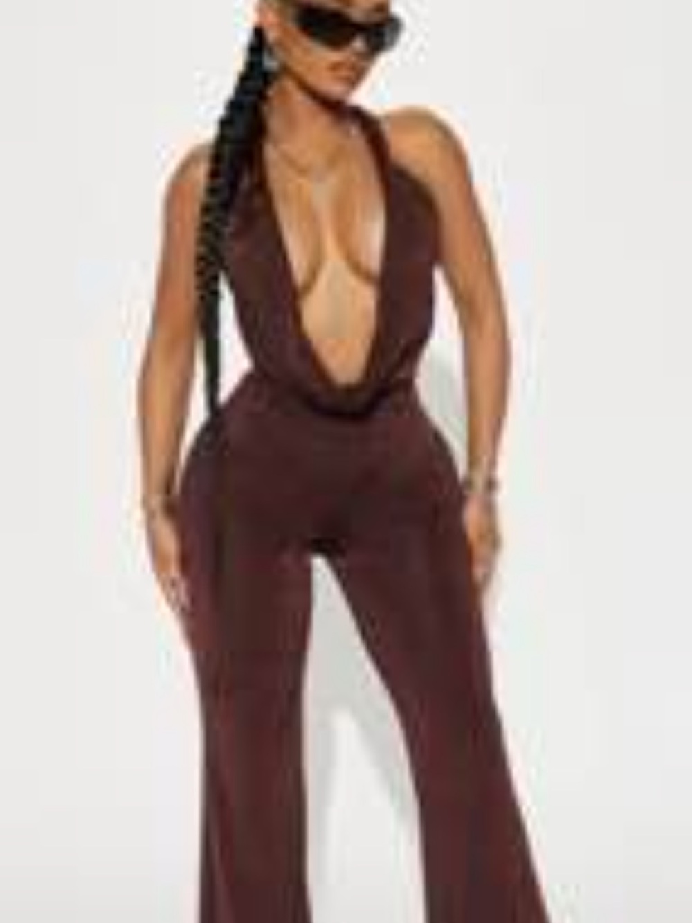 Fashion Nova Deep V Halter Jumpsuit in Chocolate Brown